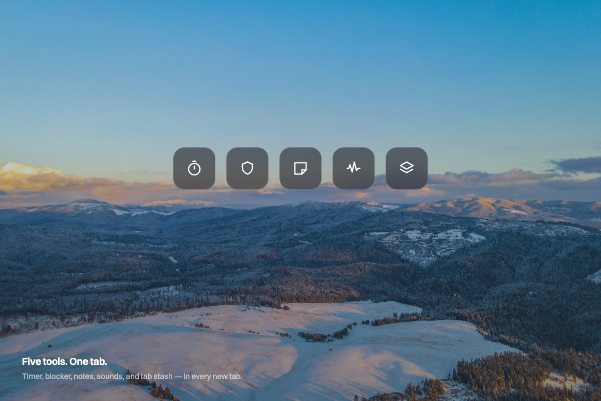 Five tool glyphs — timer, blocker, notes, sounds, tab stash — floating over a winter valley wallpaper, illustrated in Meelio's design language