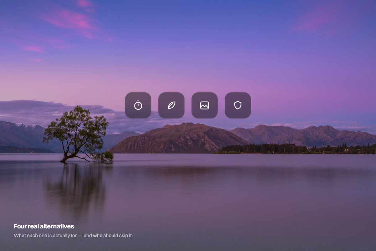 Four generic tool glyphs in a row over a lakeside dusk wallpaper, representing the four alternatives — illustration