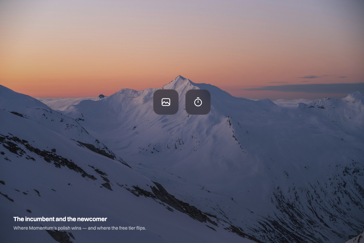 A photo glyph and a timer glyph side by side over an alpine dawn wallpaper — Momentum's daily-photo ritual vs Meelio's focus timer, illustrated