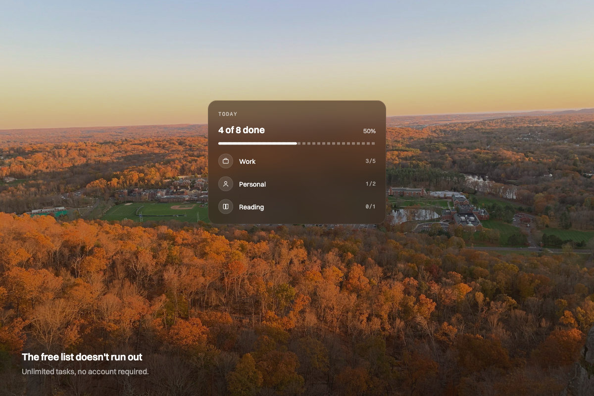 A Meelio-style "Today" task widget over an autumn valley wallpaper — illustration