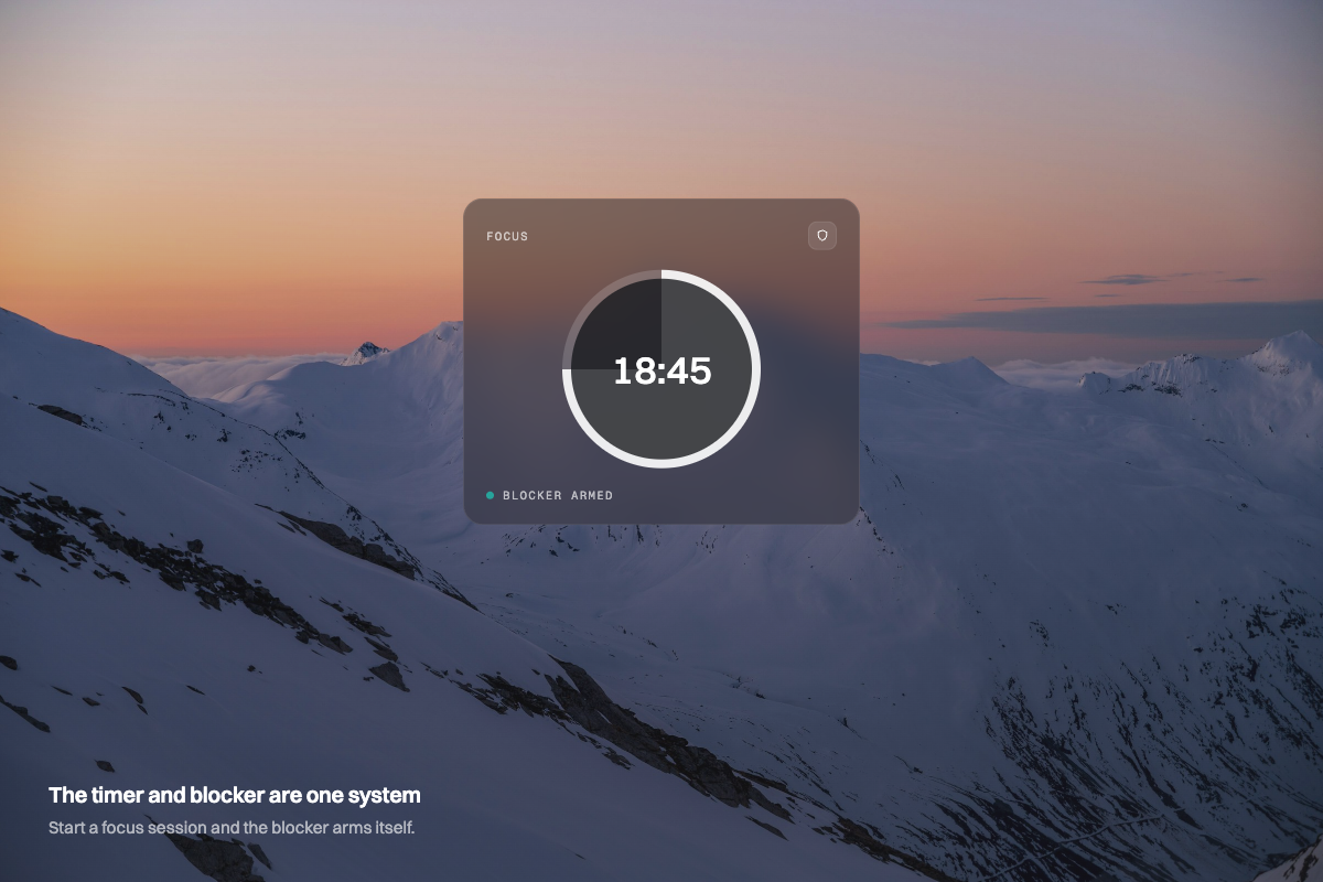 A Meelio-style focus timer with blocker armed, over an alpine dusk wallpaper — illustration